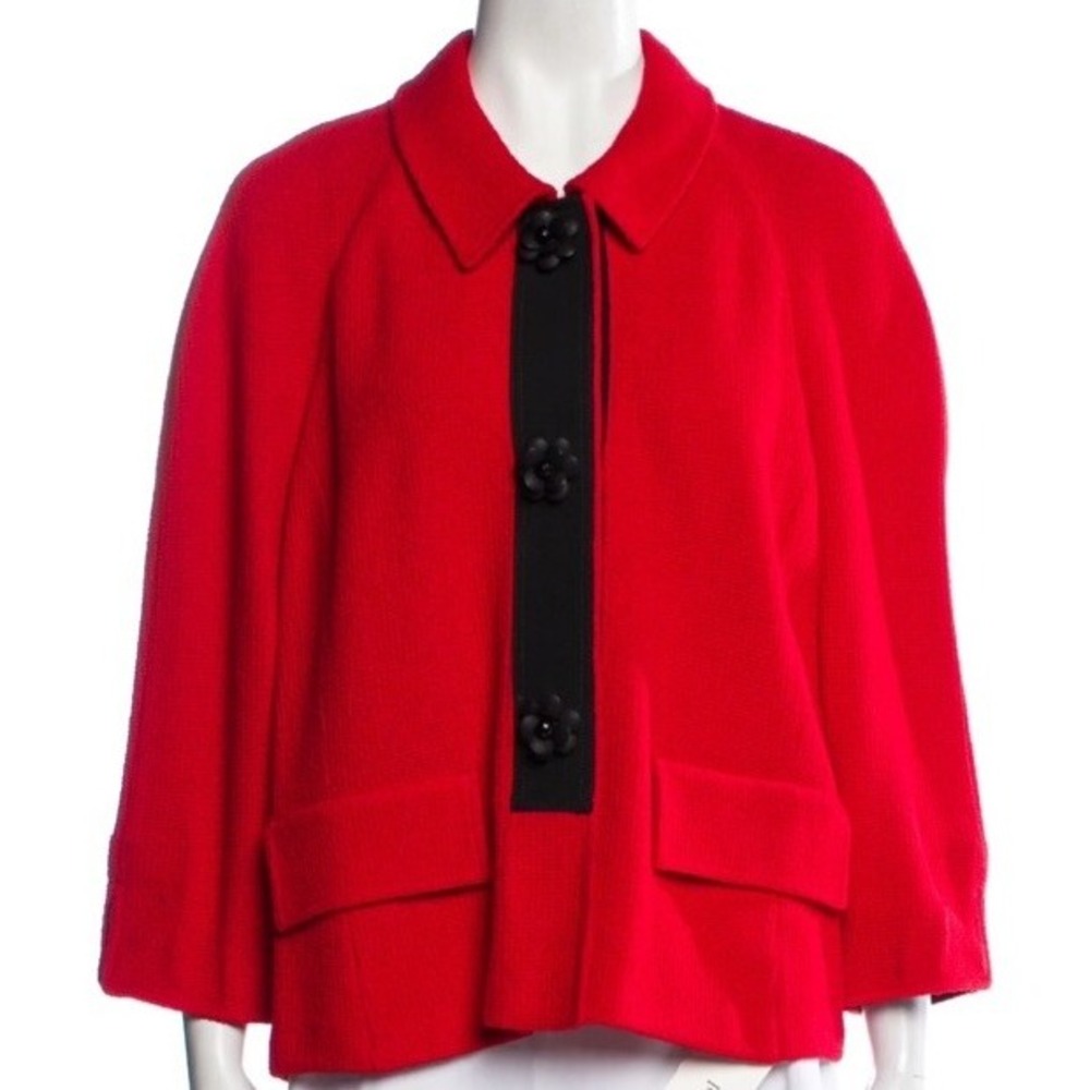 St. John Sz 8 Knit Red SnapOn Blazer Black Trim Camellia Flower Pin Cuffs Jacket